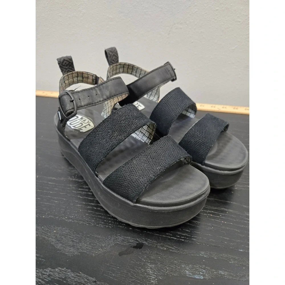 Hey Dude Delray Buckle Classic Black Platform Comfort Strappy Sandals Size 9